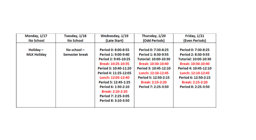 WHS Unique January Bell Schedules