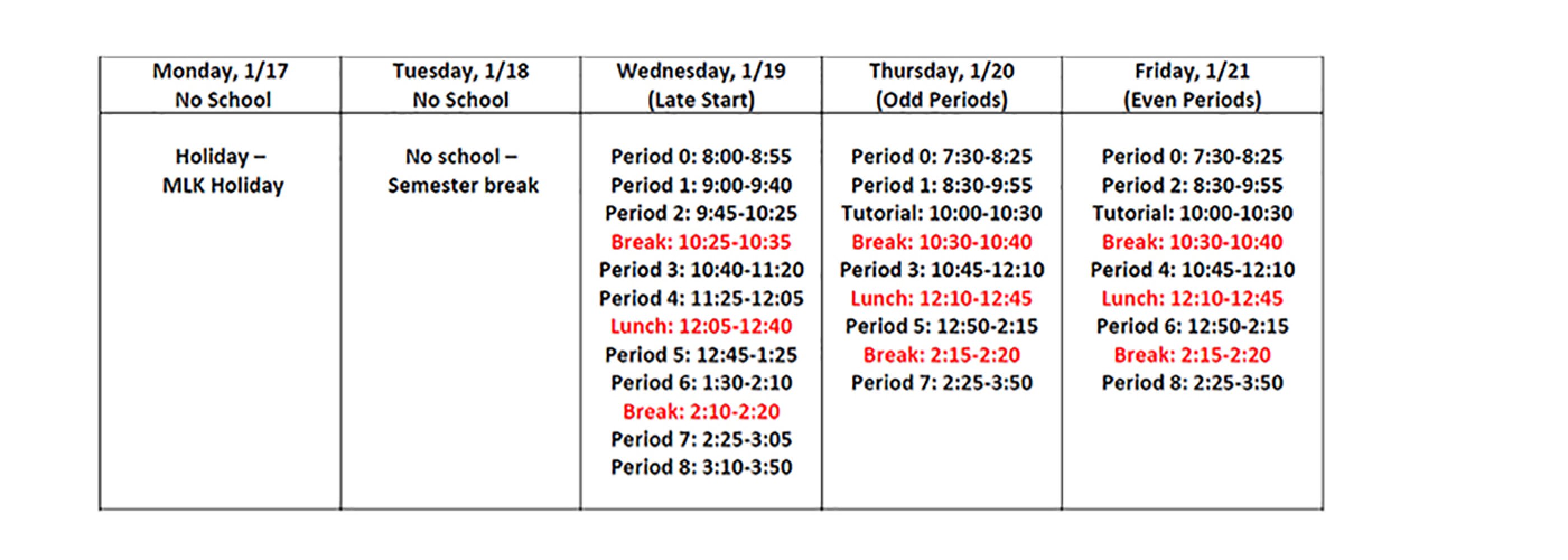 WHS Unique January Schedule